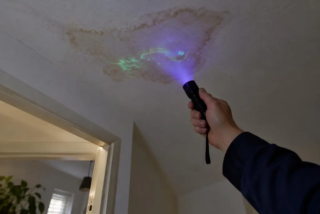 Lekdetectie Kamerik – kleurstof controleren op het plafond met uv-licht