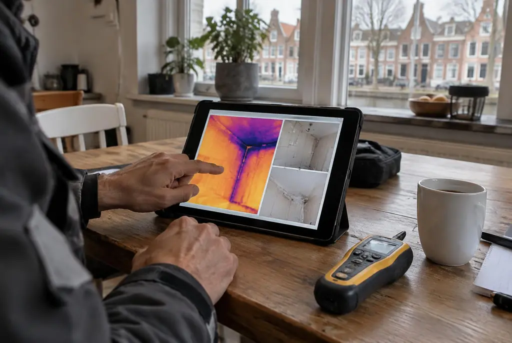 Lekdetectie Kamerik – lekdetectierapport met warmtebeelden en foto's op een tablet
