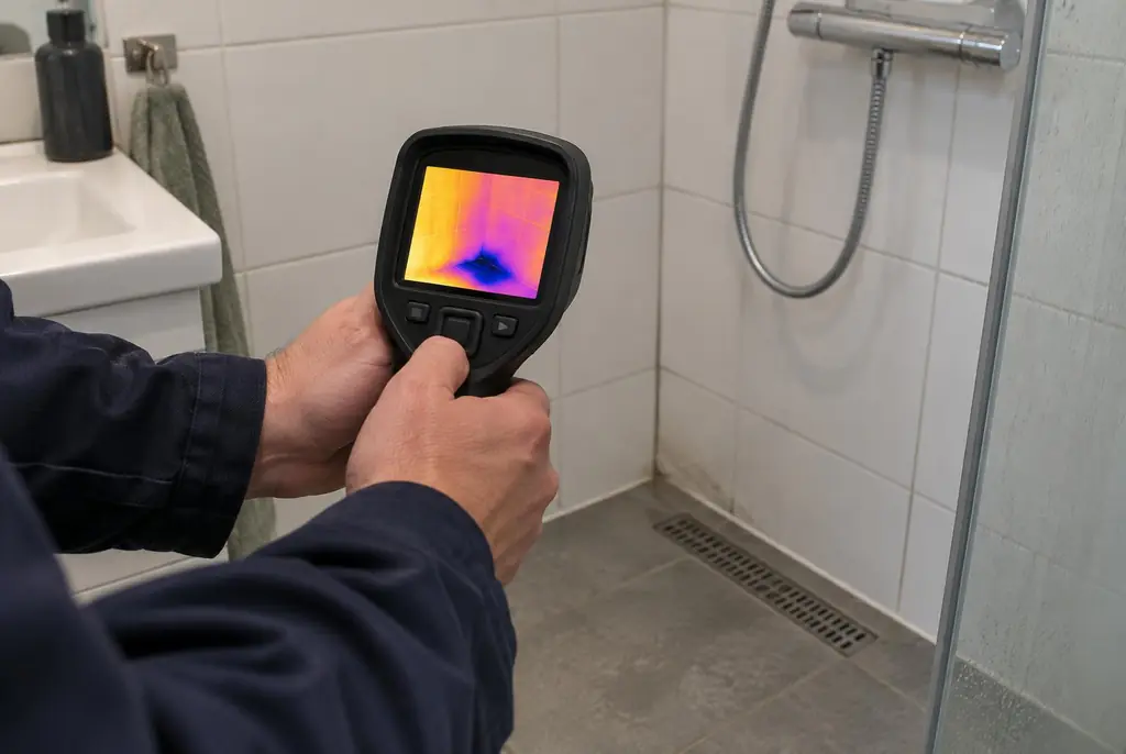 Lekdetectie Kamerik – lekdetectiespecialist met warmtebeeldcamera in een badkamer