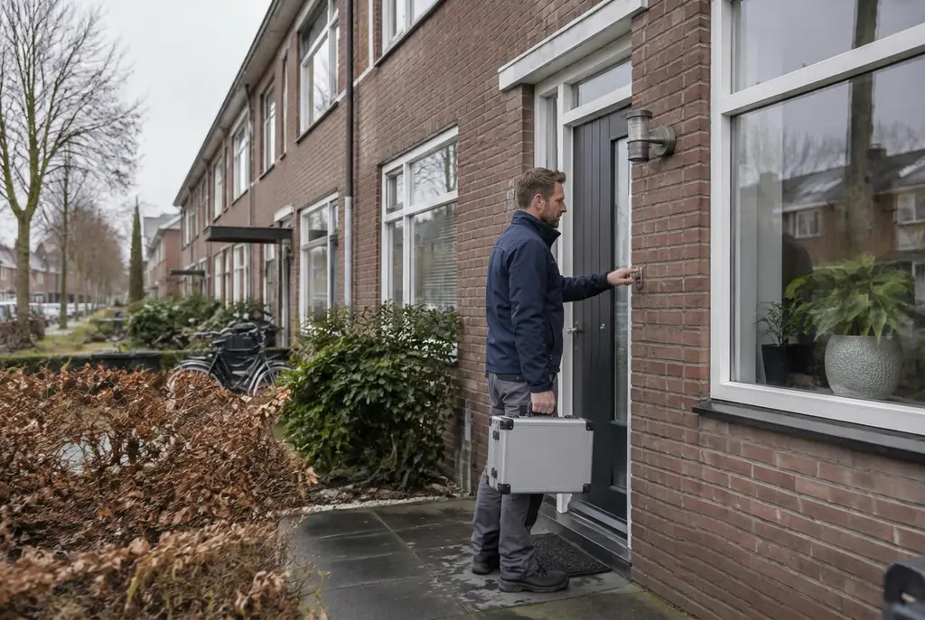 Lekdetectiespecialist met meetkoffer bij de voordeur van een woning in Kamerik